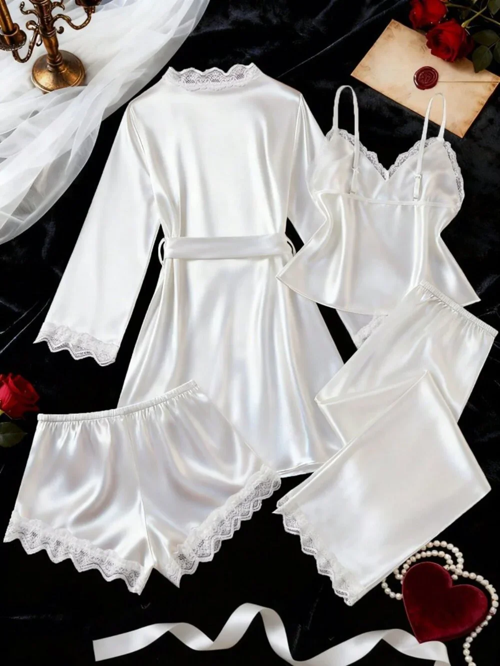 White Romantic Women's Satin & Lace detailed 4 piece Pajama Set